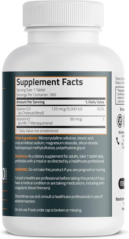 Bronson Vitamin K2 D3 (MK7) Supplement Non-GMO Formula Vitamin D3 5000IU (125 mcg) & 90 mcg K2 MK-7, Easy to Swallow D & K Complex, 360 Tablets