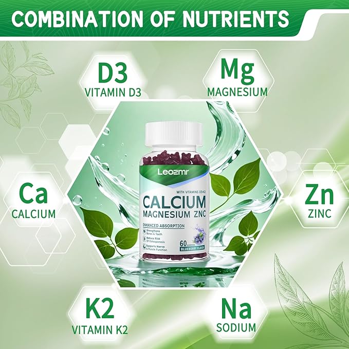 Calcium Magnesium Zinc Gummies with Vitamin D3 & K2 - High Potency Enhanced Absorption -60 Blueberry Gummies Flavored