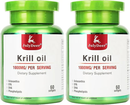 2 Bottles Antarctic Krill Oil 1000 mg with Omega-3s EPA, DHA, Astaxanthin and Phospholipids 60 Softgels Supplement No Fishy Aftertaste for Joint, Heart, Brain and Immunity - 120 Softgels