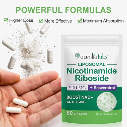 NAD Supplement, 900MG Liposomal Nicotinamide Riboside, Liposomal Resveratrol, Quercetin, High Purity NAD+ Supplement for Energy, Support Cellular Health, Stamina & Healthy Aging, 80 Capsules