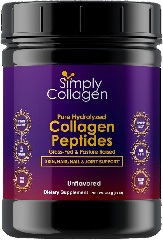 Simply Collagen® Hydrolyzed Collagen Peptides - Enhances & Strengthens Hair, Skin, Nails, Bones & Joints - Grass Fed, Type I & III - 41 Servings Per Container