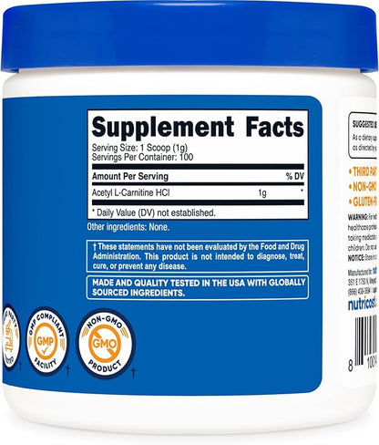 Nutricost Acetyl L-Carnitine HCI (ALCAR) 100 Grams per Container - 1G Per Serving - Non-GMO, Gluten Free, Unflavored