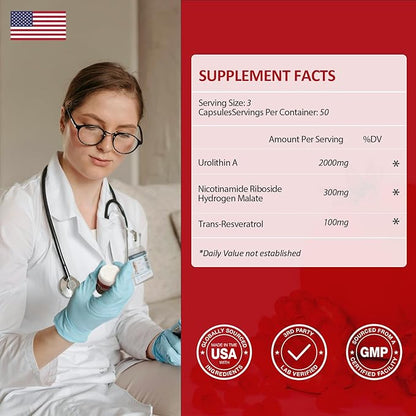 Urolithin A Supplement 2000MG for Anti-Aging, Antioxidants and Mitochondrial Support, High Purity & Potency NAD+ Supplement for Cell Regeneration, Resveratrol, Nicotinamide Riboside, 150 Capsules