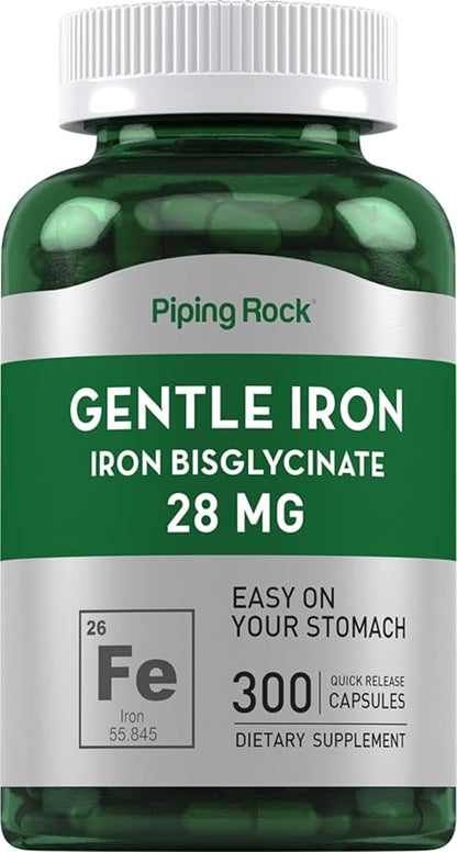 Piping Rock Iron Bisglycinate 28 mg | 300 Capsules | Gentle Iron Supplement | Non-GMO & Gluten Free