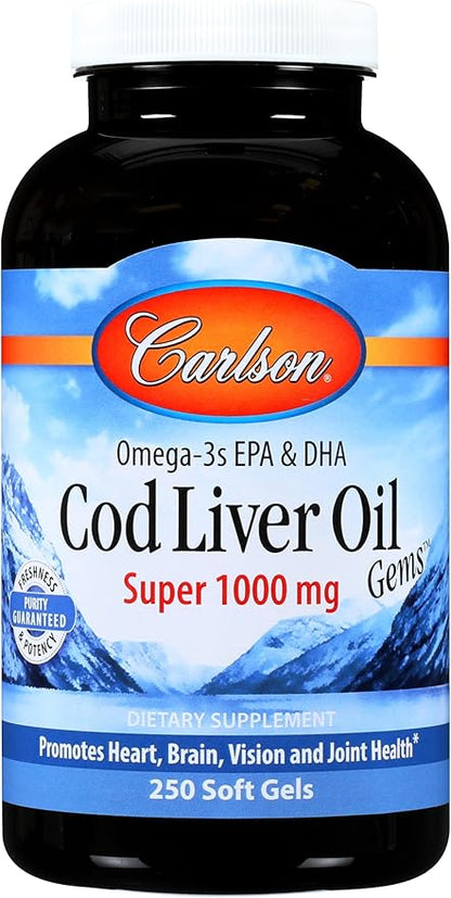 Carlson - Cod Liver Oil Gems, Super 1000 mg, 250 mg Omega-3s, 400 IU (10 mcg) Vitamin D3, Wild Caught Norwegian Arctic Cod Liver Oil, Nordic Fish Oil Capsules, 250 Softgels