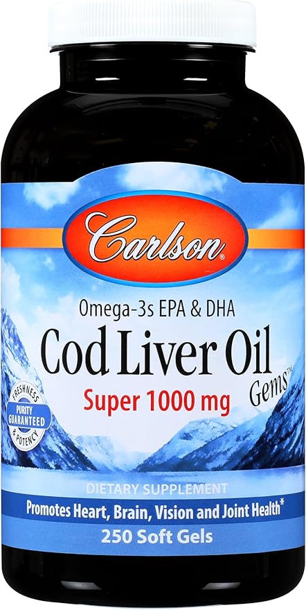 Carlson - Cod Liver Oil Gems, Super 1000 mg, 250 mg Omega-3s, 400 IU (10 mcg) Vitamin D3, Wild Caught Norwegian Arctic Cod Liver Oil, Nordic Fish Oil Capsules, 250 Softgels