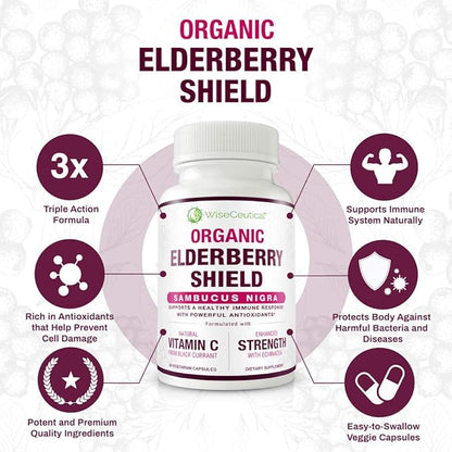 Max Strength USDA Organic Black Elderberry, Black Currant Extract & Echinacea | 3 in 1 Natural Immune Support & Vitamin C | Sugar-Free, Vegan-Friendly | Homeopathic Remedy | 60 Count
