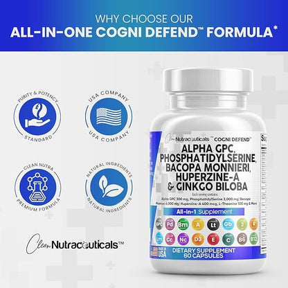 Clean Nutraceuticals Alpha GPC Choline Phosphatidylserine Bacopa Monnieri Ginkgo Biloba Huperzine A Supplement with Urdine Lions Mane Cats Claw NAC Vitamin C B D E