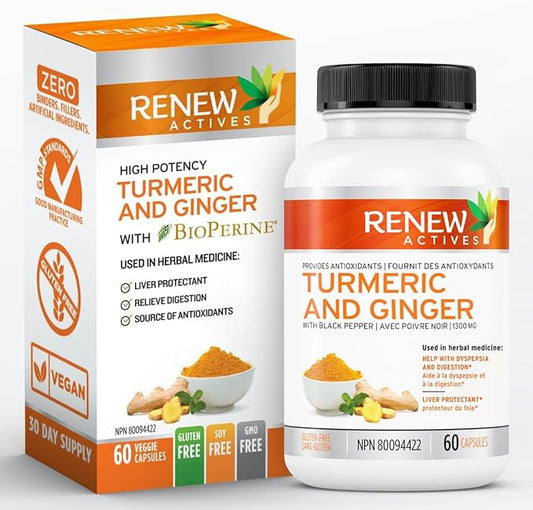 Renew Actives Turmeric Curcumin 1000MG & 200MG Ginger per 2 Capsules - Potent Antioxidant with Bioperine & Black Pepper Blend for Digestive & Liver Health - Made in Canada - 60 Capsules