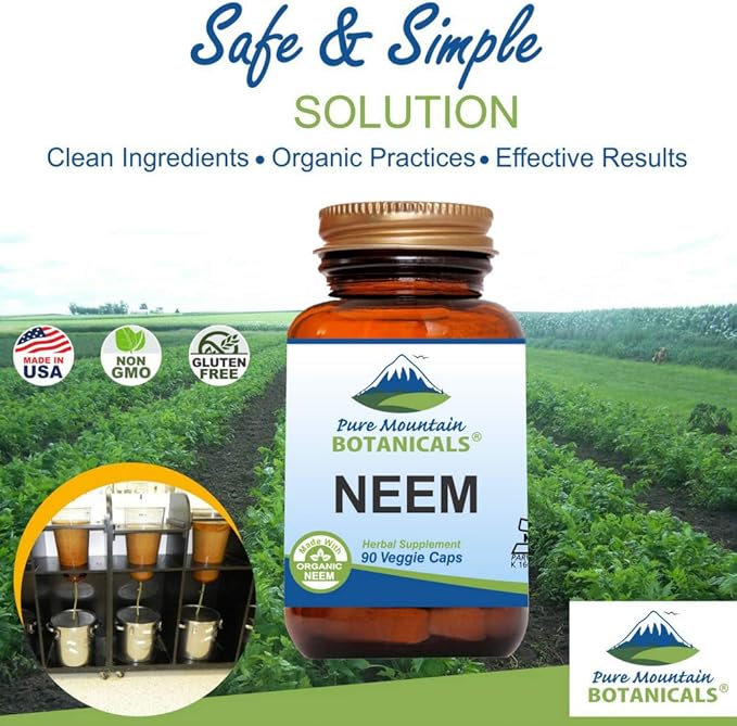 Pure Mountain Botanicals Neem Capsules - 90 Kosher Vegan Caps with 500mg Organic Neem Leaf Supplement