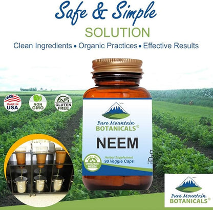 Pure Mountain Botanicals Neem Capsules - 90 Kosher Vegan Caps with 500mg Organic Neem Leaf Supplement