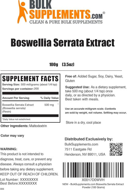 BulkSupplements.com Boswellia Serrata Extract Powder - from Frankincense Resin, Boswellia Serrata Powder - Herbal Supplement, Gluten Free, 500mg per Serving, 100g (3.5 oz) (Pack of 1)