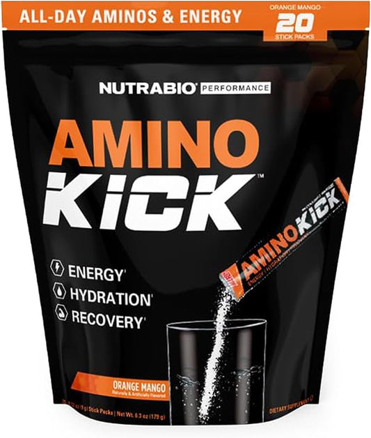 NutraBio – Amino Kick – All in One Performance Formula Energy, Hydration, Recovery 20 Servings, (Orange Mango) – 6g Amino Acids – Support Muscle Building