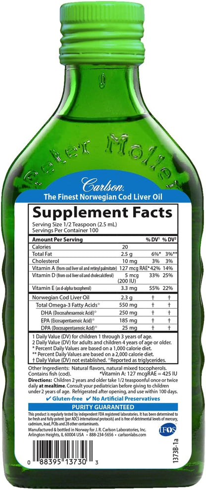 Carlson - Kid's Cod Liver Oil, 550 mg Omega-3s, Plus Vitamins A and D3, Liquid Fish Oil, Wild Caught Norwegian Arctic Cod, Sustainably Sourced Nordic Fish Oil, Green Apple, 250 mL (8.4 Fl Oz)