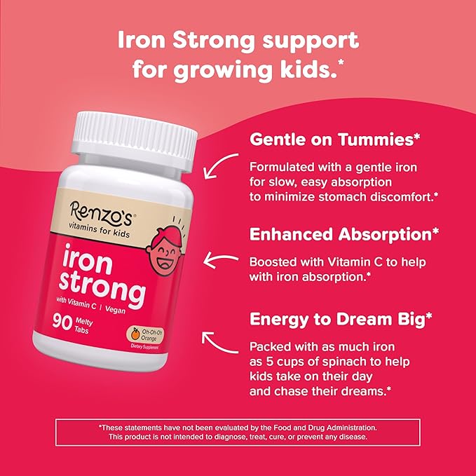 Renzo's Iron Supplements for Kids, Dissolvable Vegan Iron Supplement with Vitamin C, Sugar Free, Oh-Oh-Oh Orange Flavor, 90 Melty Tabs
