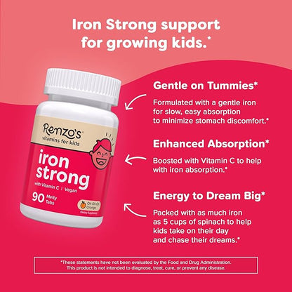 Renzo's Iron Supplements for Kids, Dissolvable Vegan Iron Supplement with Vitamin C, Sugar Free, Oh-Oh-Oh Orange Flavor, 90 Melty Tabs