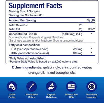 Clinical Omega 3 Fish Oil Supplement with EPA and DHA - 120 Orange Flavored Softgels for Heart, Immune, and Nervous Health - 1200mg of Molecularly Distilled Omega-3