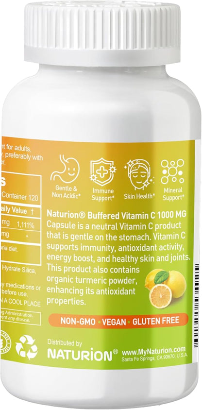 Buffered Vitamin C 1000 mg with Organic Turmeric - Antioxidant & Immune Support - Healthy Skin & Joints - Gluten & Dairy Free - 120 Vegan Capsules, 120 Day Supply