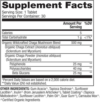Dr. Mercola Organic Chaga Mushroom, 30 Servings (30 Tablets), Dietary Supplement, Supports Healthy Immune Function, Non-GMO, Certified USDA Organic, NSF Contents Certified