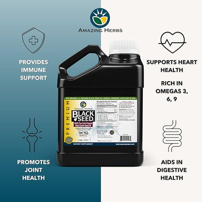 Amazing Herbs Premium Black Seed Oil - Gluten Free, Non GMO, Cold Pressed Nigella Sativa Aids in Digestive Health, Immune Support, Brain Function - 128 Fl Oz