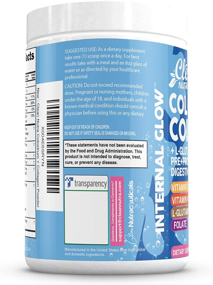 Bovine Colostrum+Collagen Peptides Powder| L-Glutamine L-Lysine Prebiotics Probiotics Digestive Enzymes Vitamin D K2 Vitamin C Quercetin & Folate|Gut Health Supplement Internal Glow By Clean Nutra (1)