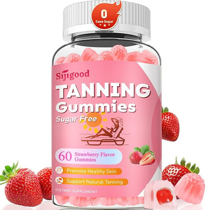 Tanning Gummies - Sugar Free Daily Tanning Gummies for Woman & Men, Self Tanning Melanin Supplements with Lycopene & Astaxanthin for Skin Health, Strawberries Flavor, 60 Count