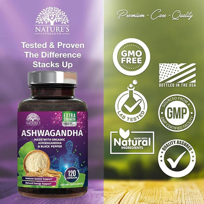 Organic Ashwagandha Extra Strength 1950 mg - Ashwagandha Supplements for Women & Men, Antioxidant Support, Nature's Vegan Ashwagandha Powder Organic, Non-GMO & Gluten Free - 120 Capsules
