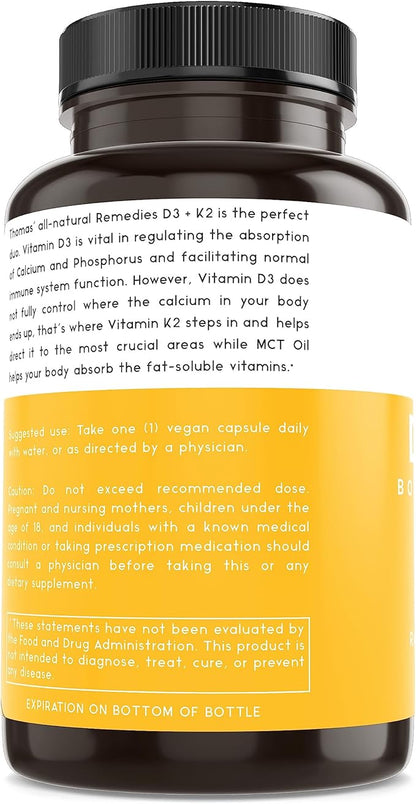 Thomas' all-natural Remedies D3 + K2 with MCT Oil for Better Absorption & Raw Whole Food Blend, 1000 IU D3, Vegan, Made in USA, Support for Your Heart, Bones & Teeth, Non-GMO (120ct)