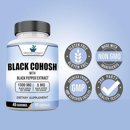 American Standard Supplements Black Cohosh 1300mg Per Serving with Black Pepper Fruit Extract - Vegan, Gluten Free, Non-GMO, 90 Capsules, 45 Servings