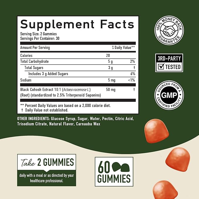 Black Cohosh Gummies for Menopause Relief, Hot Flashes & Night Sweats | 50mg Black Cohosh Root for Women | Gluten-Free, Vegetarian, Non-GMO | Hormone Balance Support | Yummy Peach Flavor | 60 Gummies