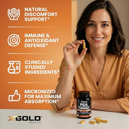 Palmitoylethanolamide 600mg + Turmeric Curcumin Complex 1000mg: Micronized Pea 99% Highly Purified and Bioavailable - Made in USA - Supplement for Men and Women - 120 Veggie Capsules