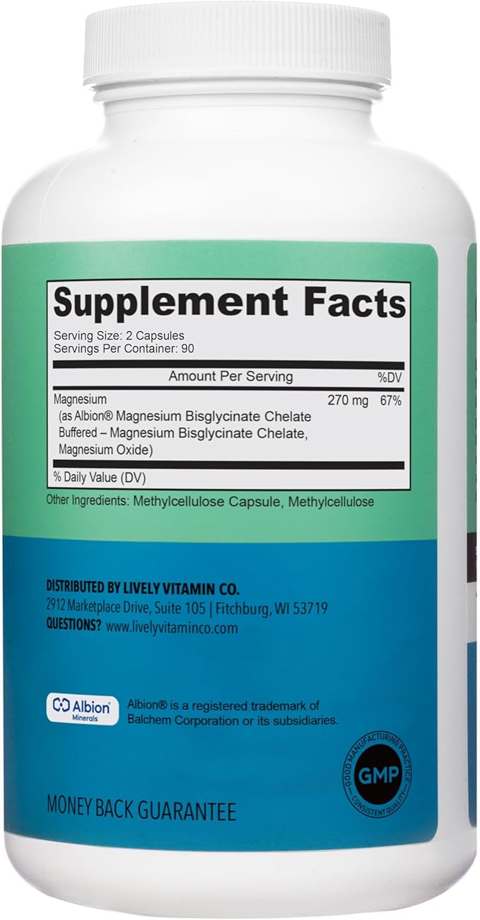 Lively Vitamin Co. Magnesium Ease - Chelated - Highly Bioavailable - Tension - Stress - Nerves - Immune Function - RLS - Gluten Dairy Soy Free - Non-GMO - 180 Vegan Capsules