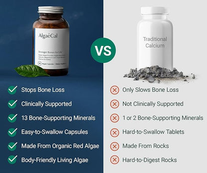 ALGAECAL- Plant Based Calcium Supplement with Vitamin D3 (1000 IU) for Bone Strength, Contains 13 Minerals Supporting Bone Health, Organic Calcium (750 mg) for Women & Men, 90 Veggie Caps, Made in USA