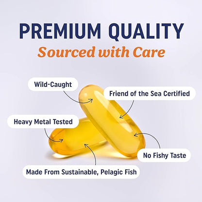 Triple Strength Omega 3 Fish Oil 3600 mg | EPA & DHA | Over 2100mg Omega-3 Fatty Acids | 1300mg EPA + 860mg DHA | Best Essential Fatty Acids | Premium Wild Caught & Burpless Fish Oil | 180 Ct