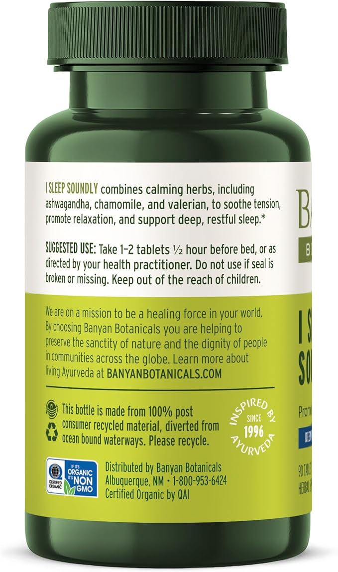 Banyan Botanicals I Sleep Soundly – Organic Herbal Sleep Supplement with Ashwagandha, Eclipta, and Chamomile – 90 Tablets – Non-GMO Sustainably Sourced Vegan