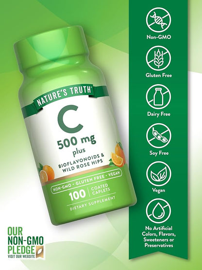 Nature's Truth Vitamin C with Rose Hips and Bioflavonoids | 500mg | 100 Caplets | Vegan, Non-GMO & Gluten Free