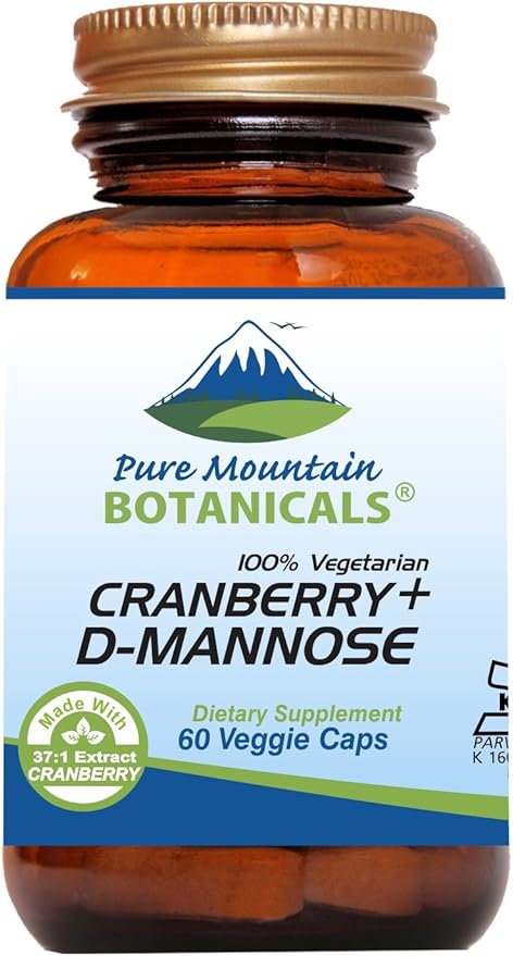 Pure Mountain Botanicals Cranberry D Mannose Capsules - 60 Kosher Vegan Caps - 1000mg D Mannose with Cranberry Concentrate Plus Vitamin C