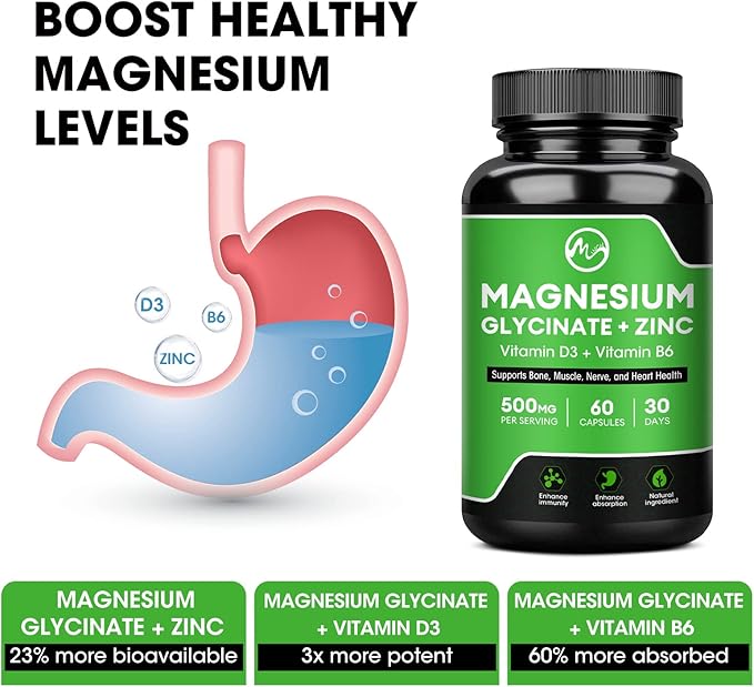 Magnesium Glycinate Capsules, Magnesium Glycinate Supplement with Zinc, Vitamin D3 & B6 - Promotes Nerve, Bowel, Relaxation Function - 60 Vegan Capsules