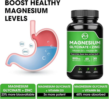 Magnesium Glycinate Capsules, Magnesium Glycinate Supplement with Zinc, Vitamin D3 & B6 - Promotes Nerve, Bowel, Relaxation Function - 60 Vegan Capsules