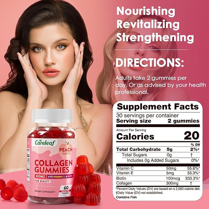Sugar Free Collagen Gummies with Vitamin C Vitamin E Support Natural Collagen Production, Healthy Hair, Nails and Bones,Peach Flavor,60 Gummies for 30 Days Supply