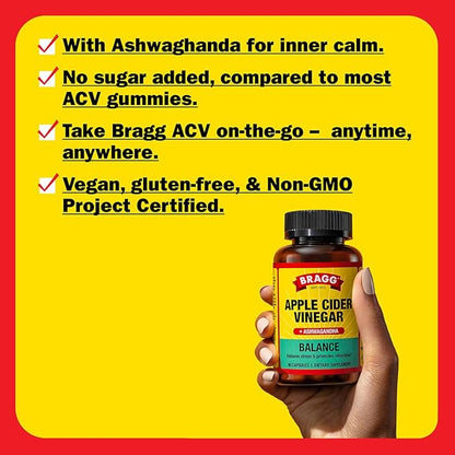 BRAGG Daily Balance Apple Cider Vinegar and Sensoril Ashwagandha Capsules - 750mg of Acetic Acid – Energy & Weight Management Support - (90 Pills)