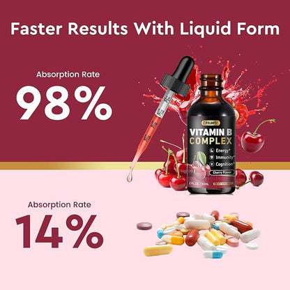 Vitamin B Complex Liquid Drops, B Vitamins Complex Supplement with B1, B2, B3, B5 B6, B7, B9 & Methyl B12 Drops for Adults & Kids, Vegan, Cherry Flavor
