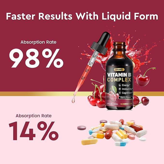 (2 Pack) Vitamin B Complex Liquid Drops, B Vitamins Complex Supplement with B1, B2, B3, B5 B6, B7, B9 & Methyl B12 Drops for Adults & Kids, Vegan, Cherry Flavor