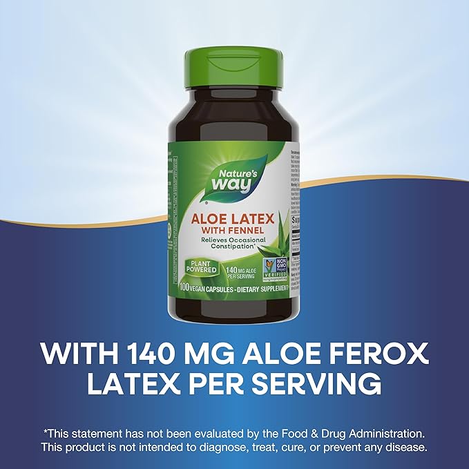 Nature's Way Aloe Latex with Fennel, For Occasional Constipation*, Non-GMO Project Verified, Gluten free, 100 Vegan Capsules (Packaging May Vary)