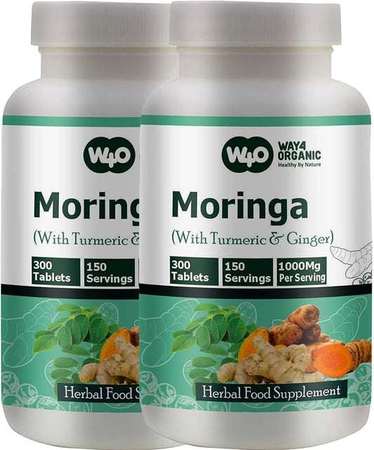 Moringa Tablets with Turmeric and Ginger, 300 Pills, 5 Month Supply, 150 Serving, 1000 Mg per Serving. One Capsule with Multiple Benefits - Supports Digestive Health(Pack of 2)