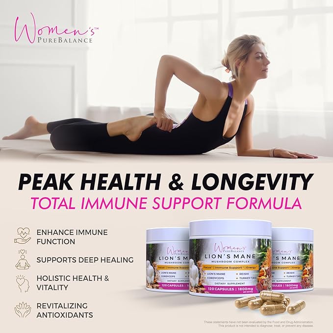 Women's PureBalance Lion's Mane Mushroom Supplement Capsules with Reishi, Cordyceps, Turkey Tail – Brain Nootropic for Memory, Focus, Natural Energy, & Immune Support, Non-GMO (120 Capsules)