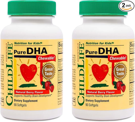 CHILDLIFE ESSENTIALS Pure DHA for Kids - DHA Supplements, DHA EPA Omega 3 Supplement, Children DHA Chewables, Baby DHA, Fish Oil for Toddlers, Gluten Free - Natural Berry, 90 Softgels (Pack of 2)