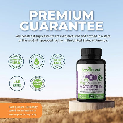 Forest Leaf Magnesium L-Threonate Magtein Capsules - 2000mg Magnesium Threonate Supplement Supports Cognitive Function, Focus, Brain, Deep Calm and Sleep for Men & Women | 90 Powder Veg Caps
