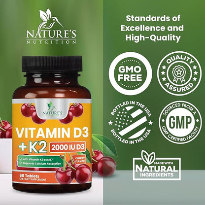 Vitamin D3 K2 2000 IU Plus with K2 (MK-7) 75 mcg - Vitamins D & K Complex Supplement for Bone, Teeth, Muscle, Calcium Absorption, Supports Immune & Heart Health, Non-GMO Chewable Formula - 60 Tablets