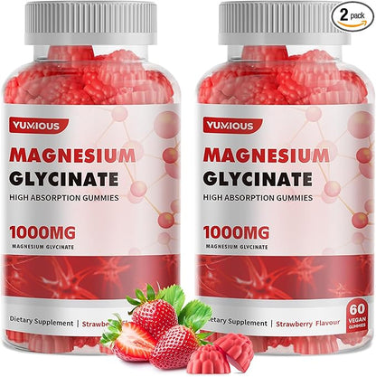 Magnesium Glycinate Gummies 1000mg - for Adults Magnesium Potassium Supplement with Vitamin D, B6, CoQ10 for Calm Mood & Sleep Support - 120 Strawberry Gummies -2 Pack